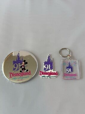 Vintage Disneyland 1991 Commemorative Pin Button, Magnet & Keychain Lot Disney